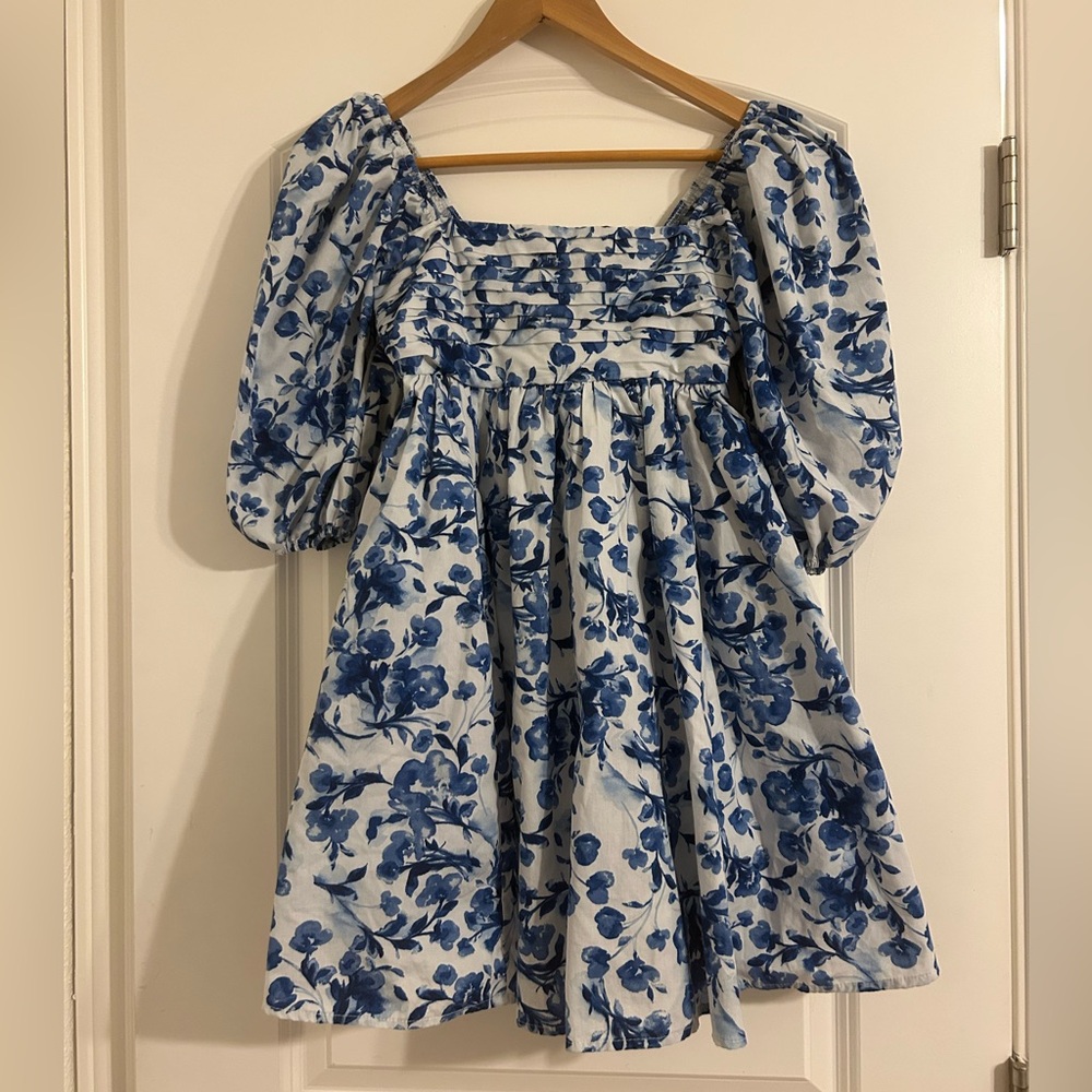 Abercrombie & Fitch Emerson Poplin Puff Sleeve Blue floral Mini Dress Sz XXS - Picture 7 of 14